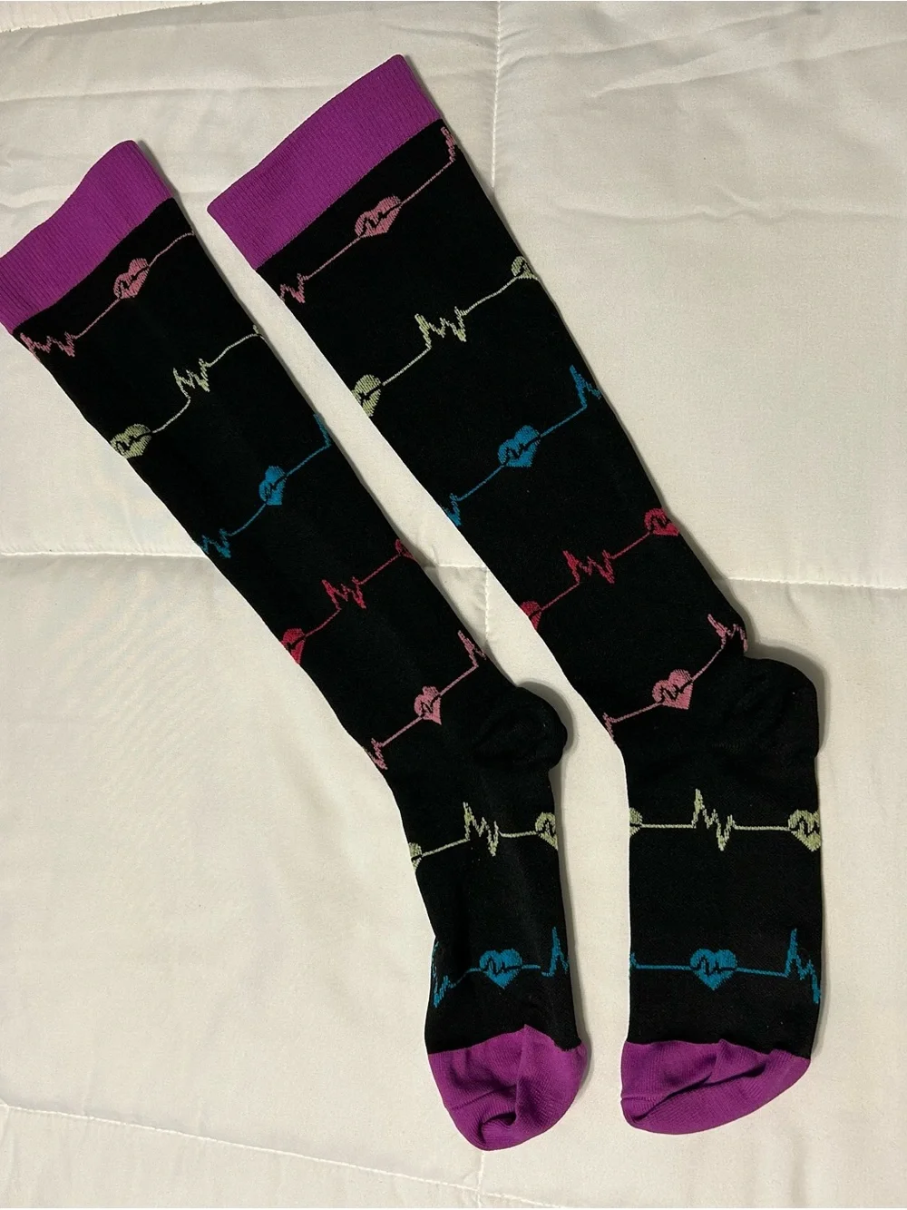 Black Knee-High Compression  Socks with Multicolor Heartbeat Pattern